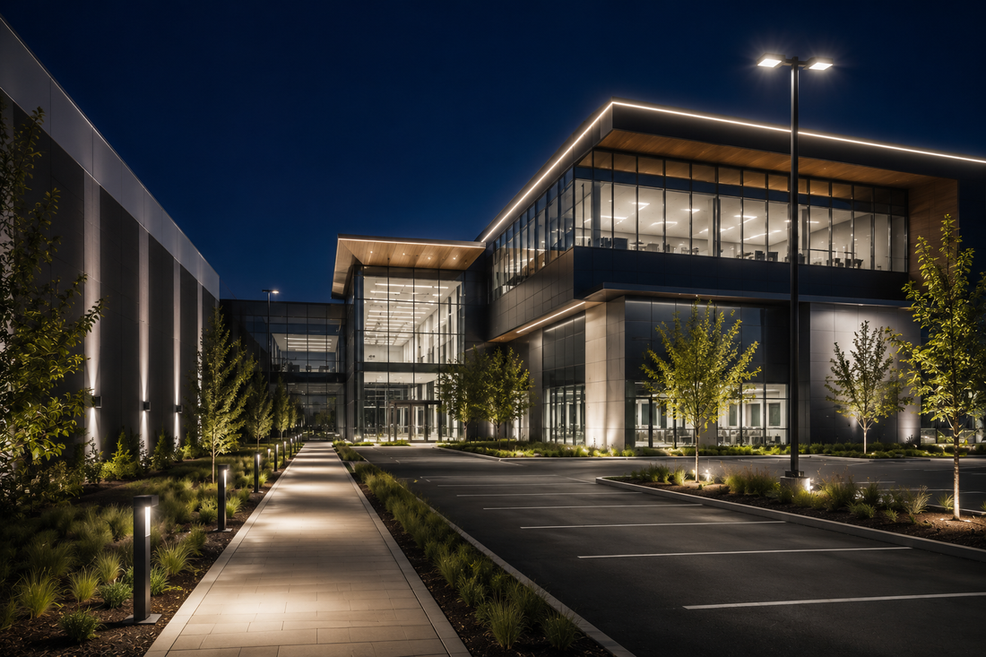 Commercial building featuring architectural lighting, parking lot lighting, and modern exterior illumination representing commercial lighting standards and applications.