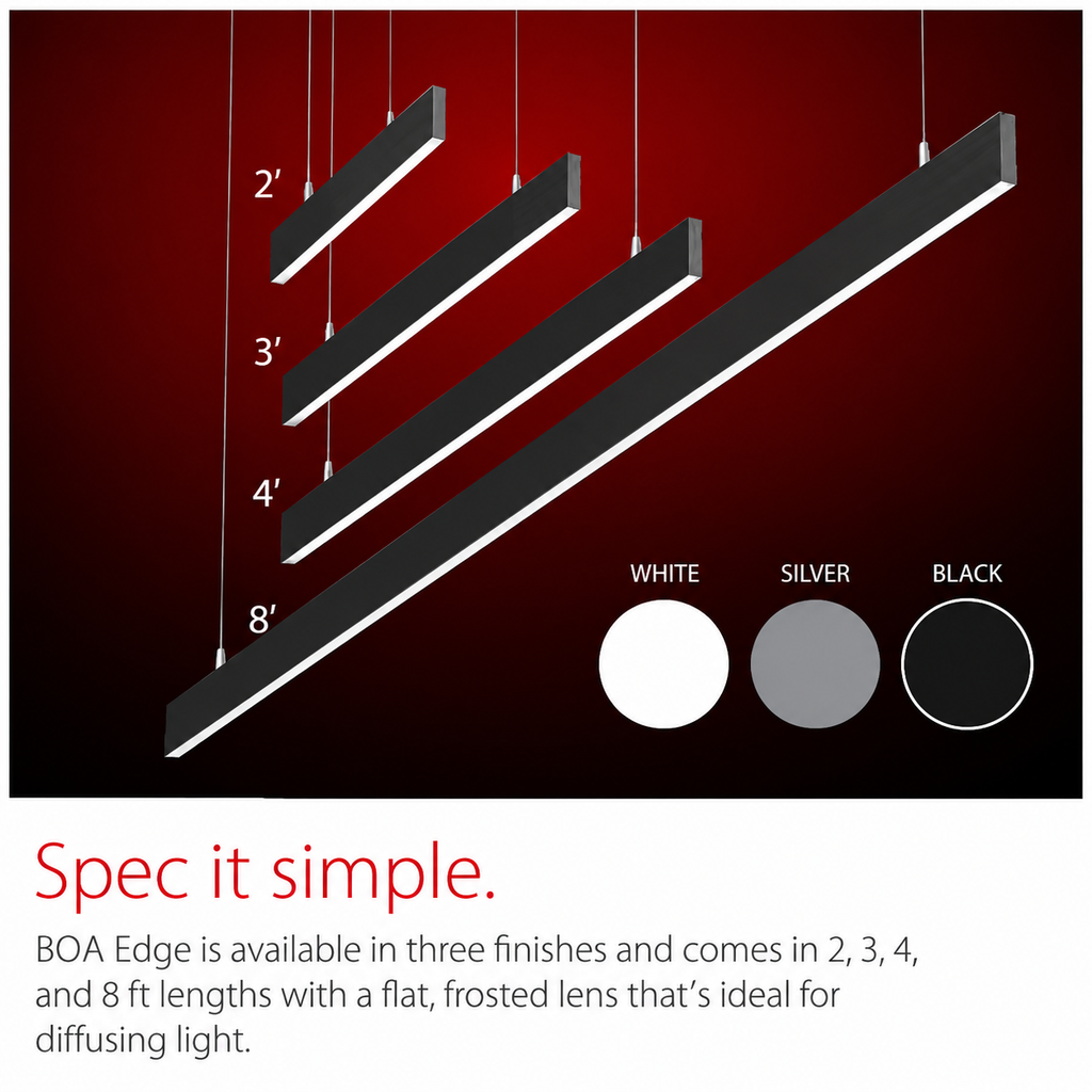 BOA Edge architectural linear lighting available in 2 foot, 3 foot, 4 foot, and 8 foot lengths with white, silver, and black finish options