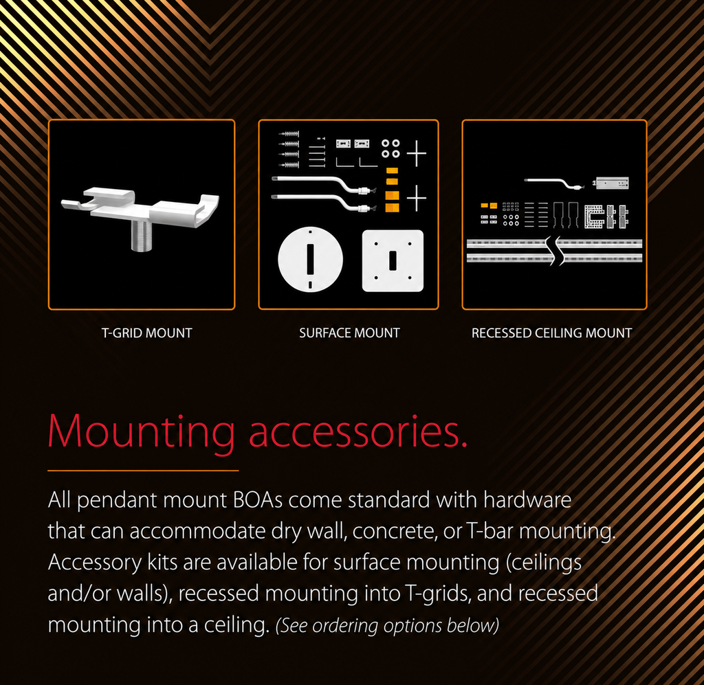 BOA Edge architectural linear lighting mounting accessories including T-grid mount, surface mount, and recessed ceiling mount kits