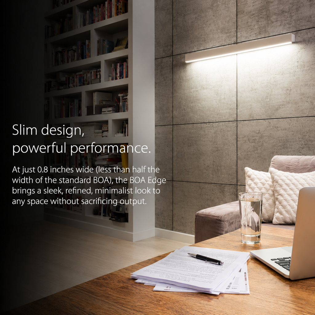 BOA Edge low-profile architectural linear LED fixture illuminating a modern commercial workspace