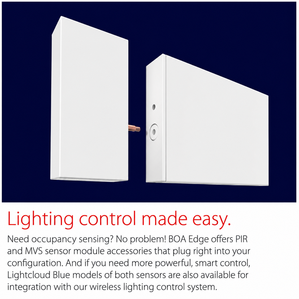 BOA Edge architectural linear lighting compatible with PIR occupancy sensors, MVS sensors, and wireless lighting control modules