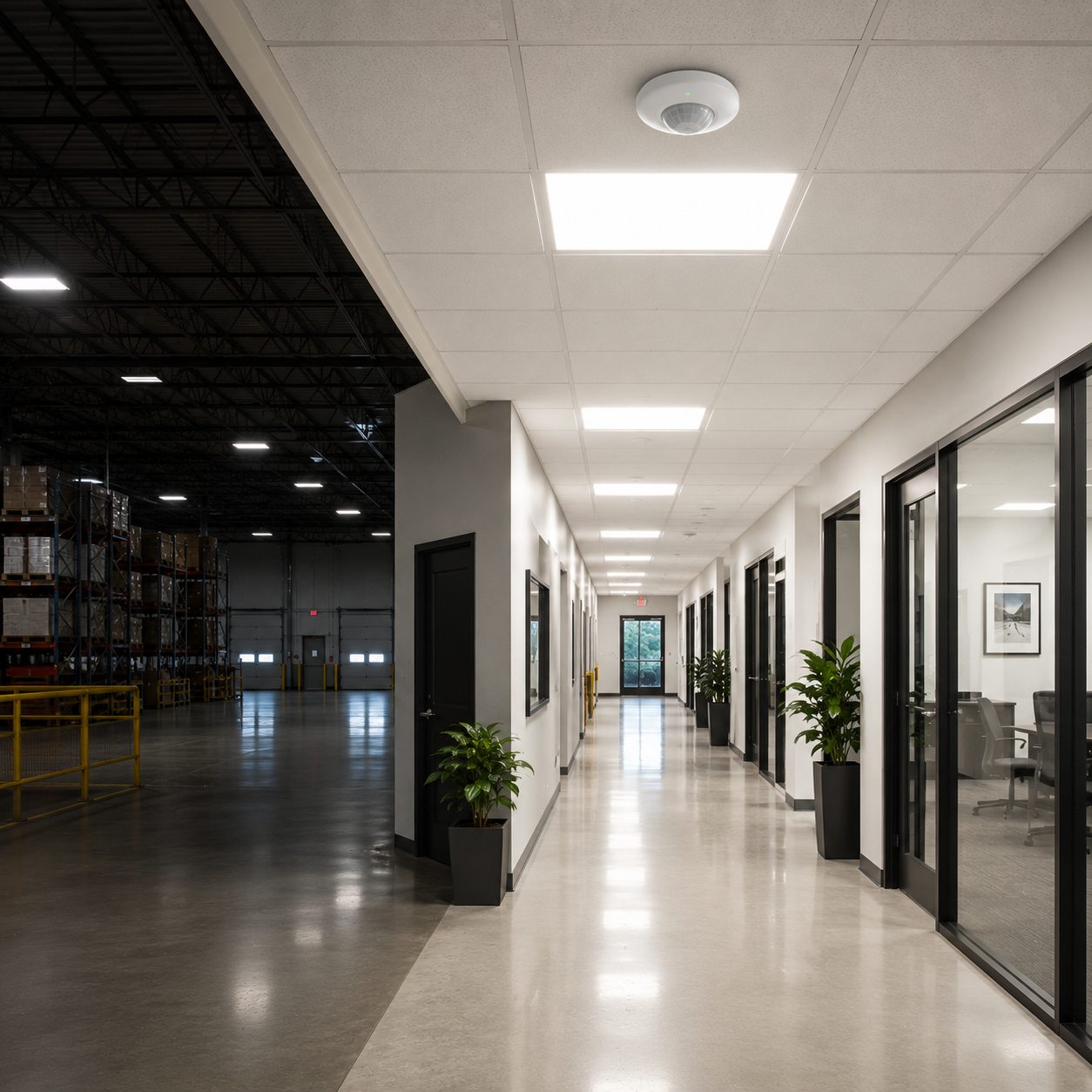 Ceiling-mounted occupancy sensor controlling LED lighting in a commercial building, providing automatic lighting control and energy-efficient occupancy-based illumination for offices and industrial facilities.