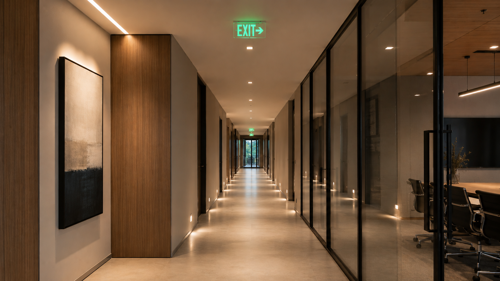 Modern commercial corridor featuring illuminated exit signs, emergency lighting, and code-compliant life safety lighting systems.