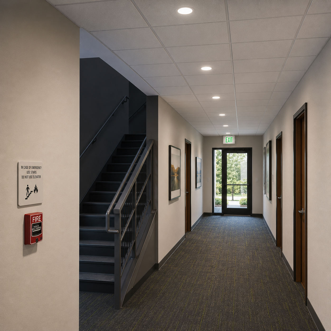 Commercial exit and emergency lighting installation in an office corridor featuring an illuminated LED exit sign above an egress door, emergency stairwell access, and code-compliant life safety lighting.