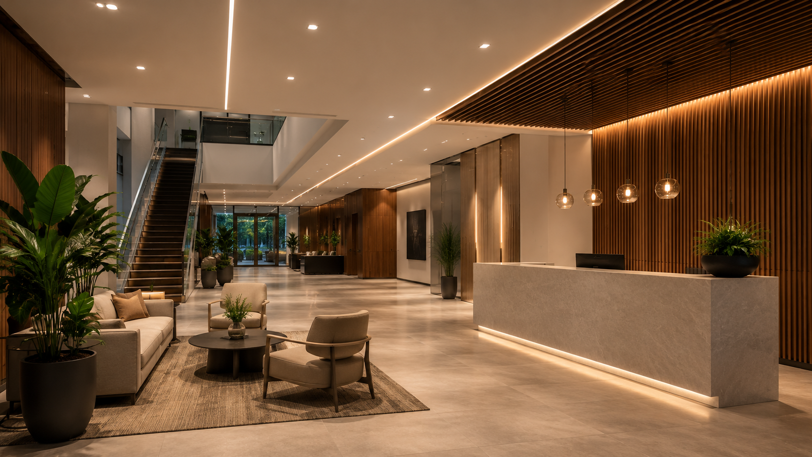 Modern commercial lobby featuring recessed downlights, linear lighting, decorative pendants, and architectural interior lighting.