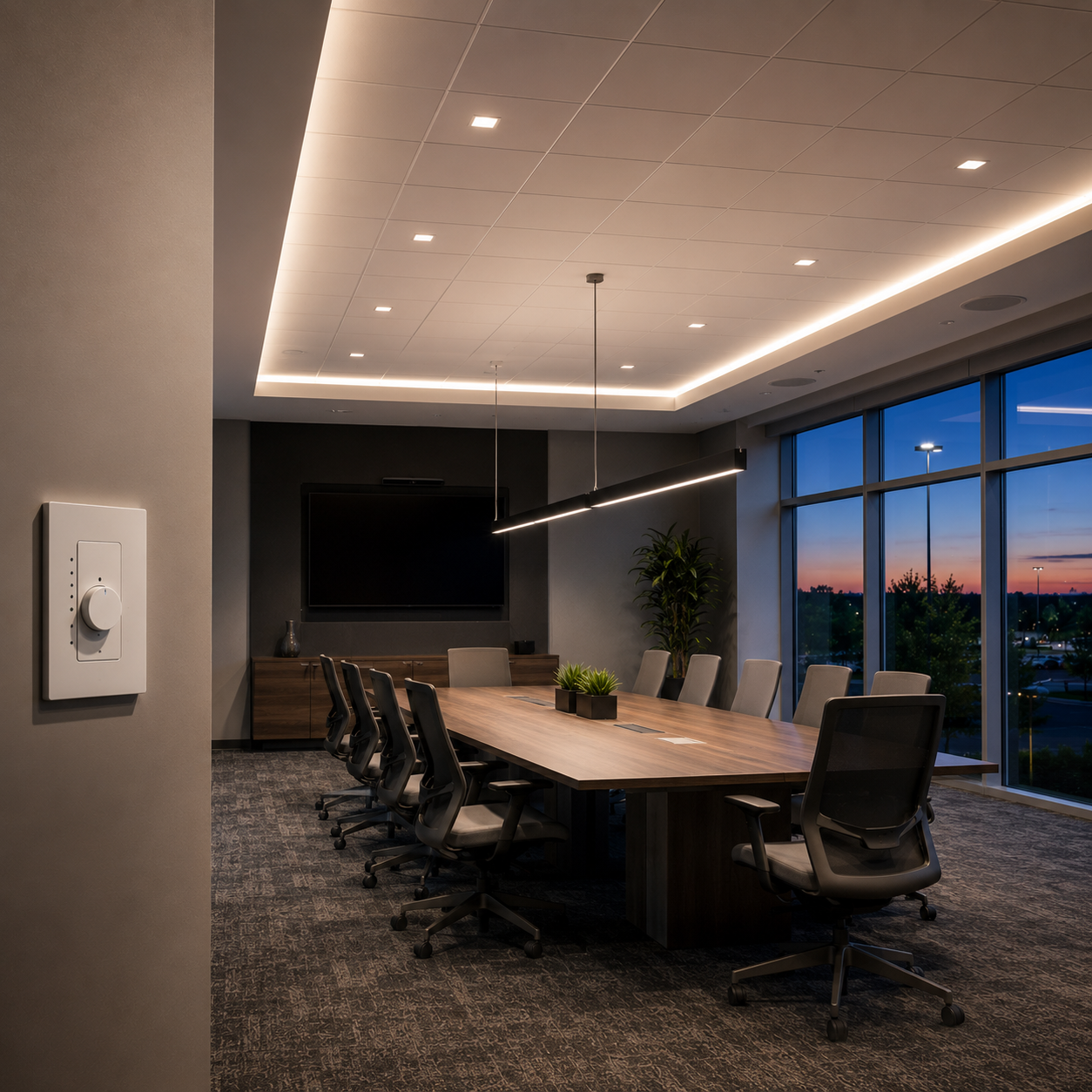 Commercial LED lighting controlled by a wall-mounted dimmer in a conference room, providing adjustable light levels for meetings, presentations, and workplace comfort.