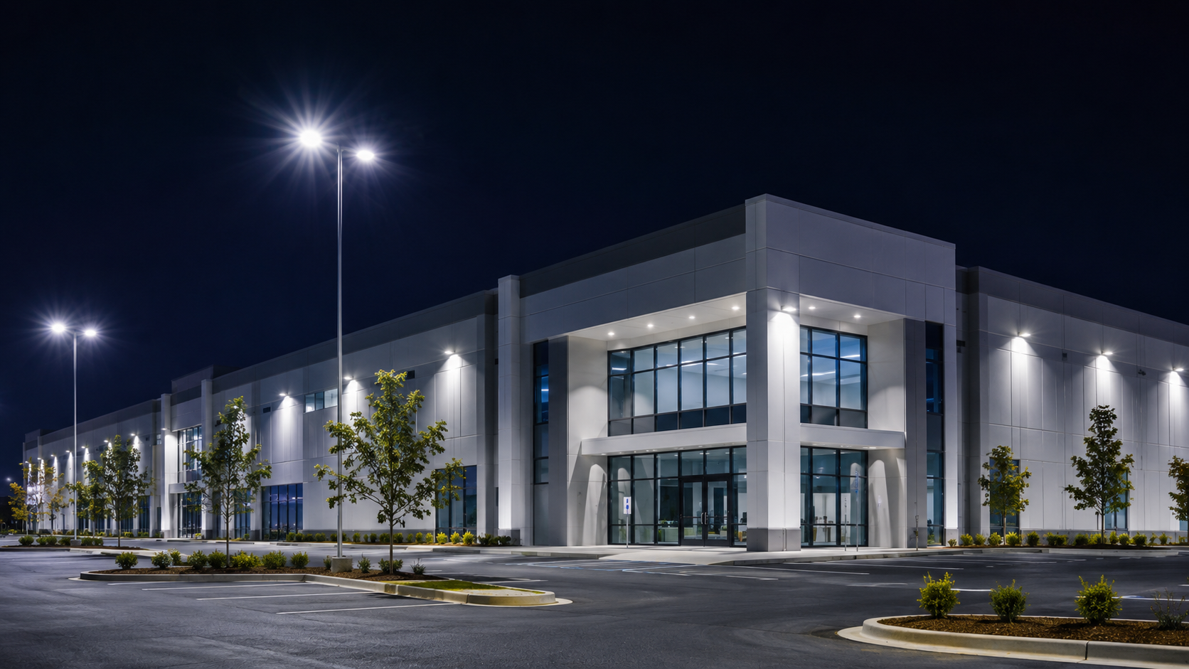 Modern commercial building illuminated with professional LED lighting solutions from leading commercial lighting manufacturers