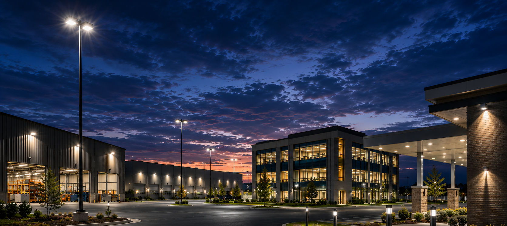 Commercial lighting buyer's guide banner showing a modern commercial campus with LED area lights, building lighting, and exterior site illumination at dusk.