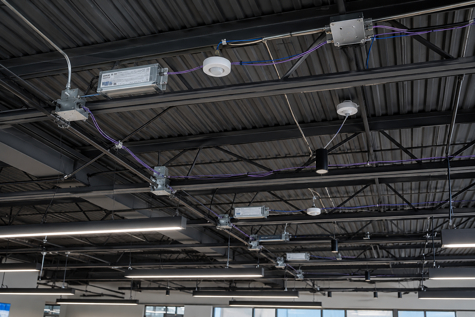 Commercial ceiling infrastructure showing LED drivers, occupancy sensors, lighting controls, electrical wiring, and linear lighting fixtures.