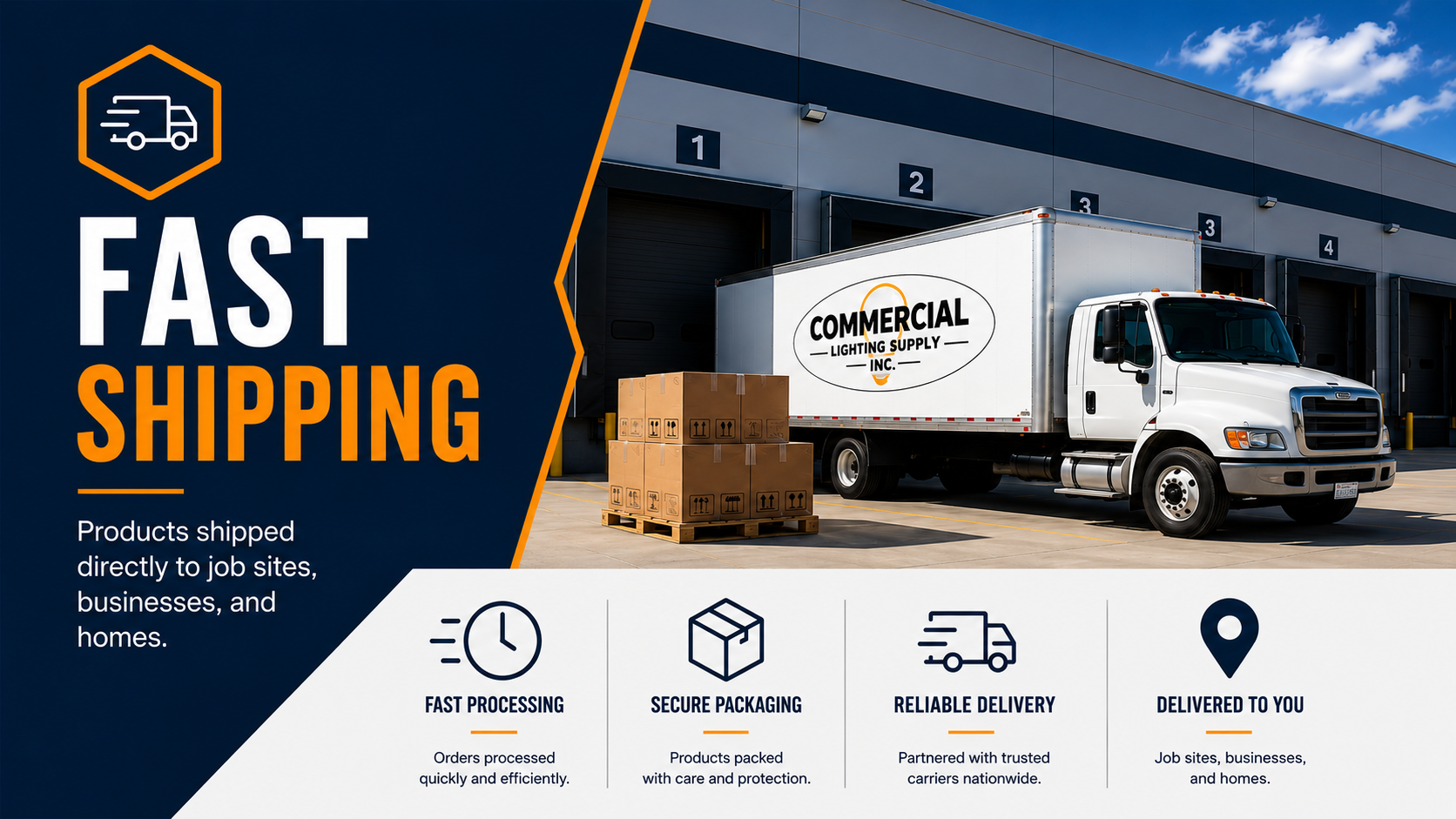 Commercial Lighting Supply distribution network providing fast nationwide shipping of commercial lighting and electrical products.