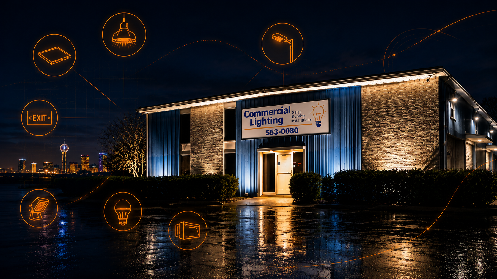 Commercial Lighting Supply headquarters in Knoxville, Tennessee illuminated at night showcasing commercial indoor and outdoor lighting expertise.