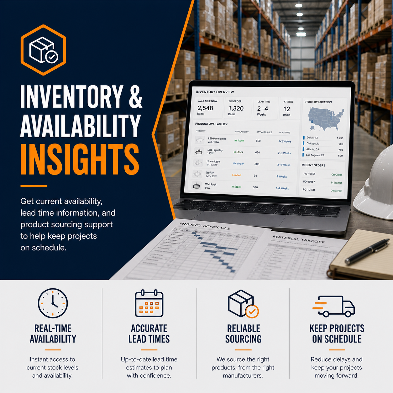 Commercial lighting inventory availability and lead time tracking showing stock availability, sourcing support, and project scheduling information.
