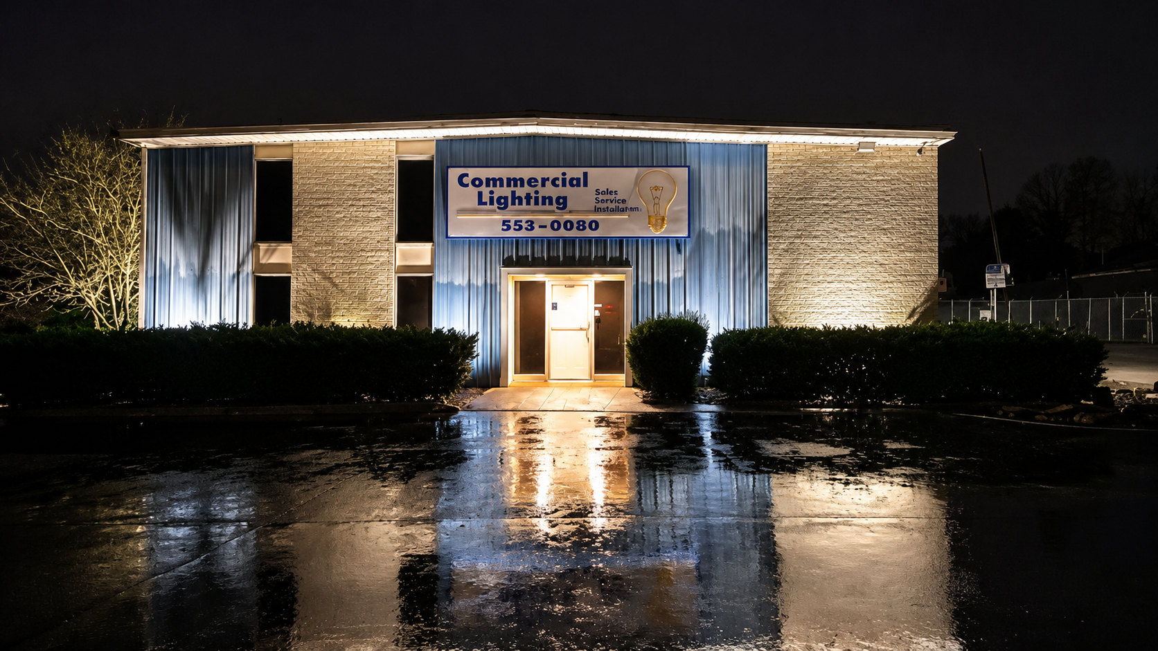 Commercial Lighting Supply headquarters in Knoxville Tennessee illuminated at night