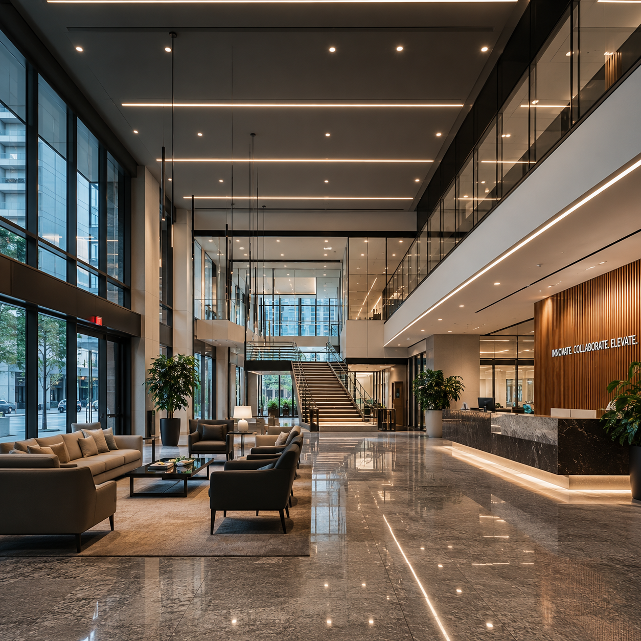 Modern commercial office interior featuring specification-grade commercial lighting solutions for offices, corporate buildings, and professional workspaces.