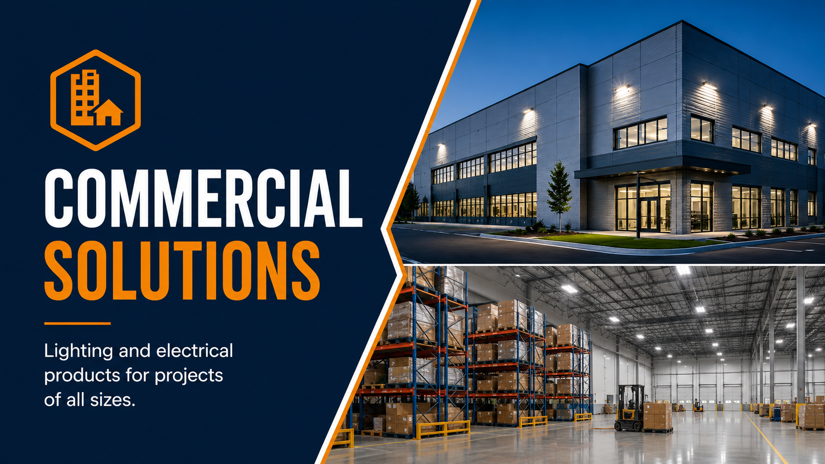 Commercial office building and warehouse illuminated with professional LED lighting solutions for businesses and industrial facilities.