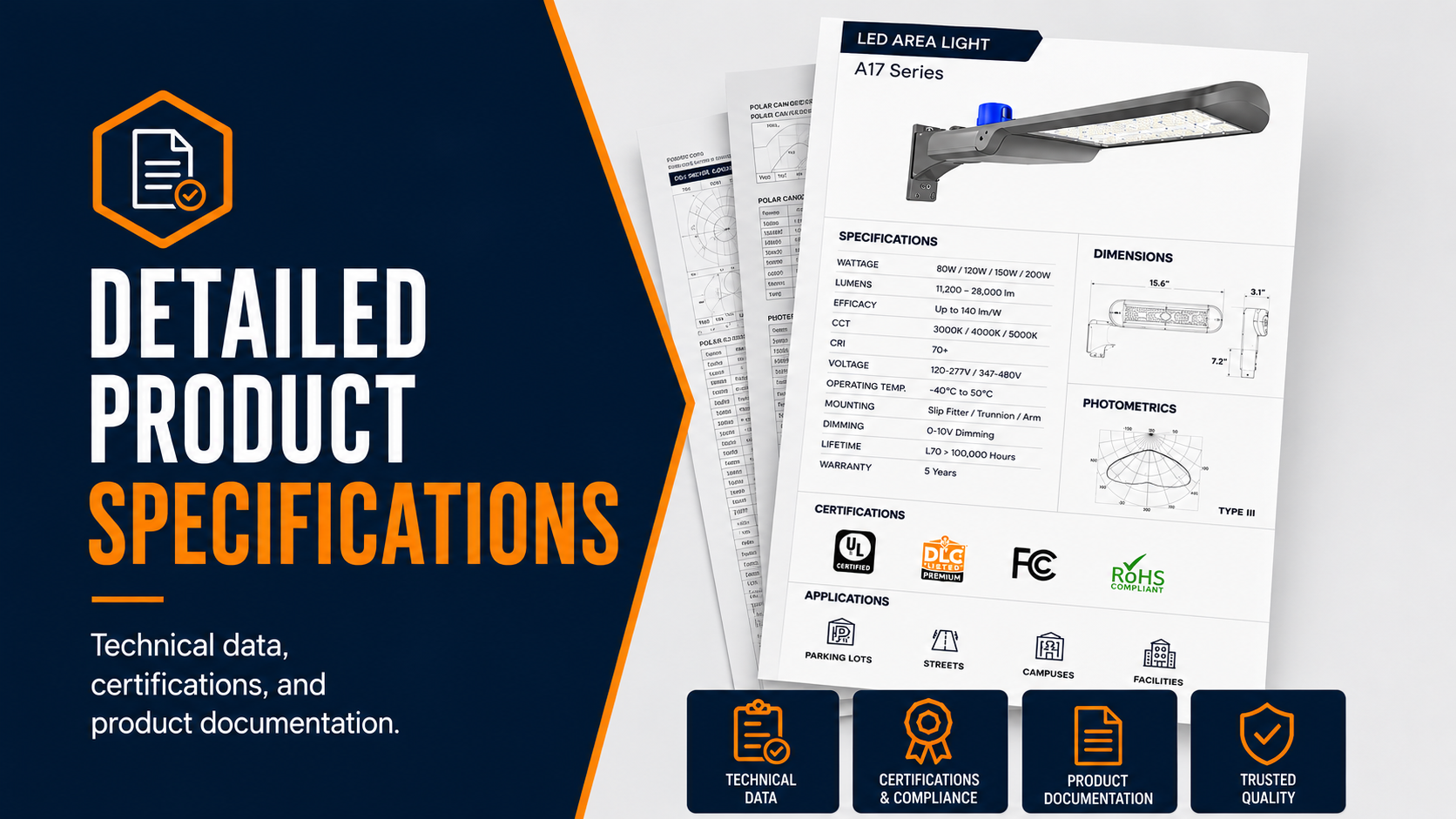 Commercial lighting specification sheets including photometrics, dimensions, certifications, technical data, and installation documentation.