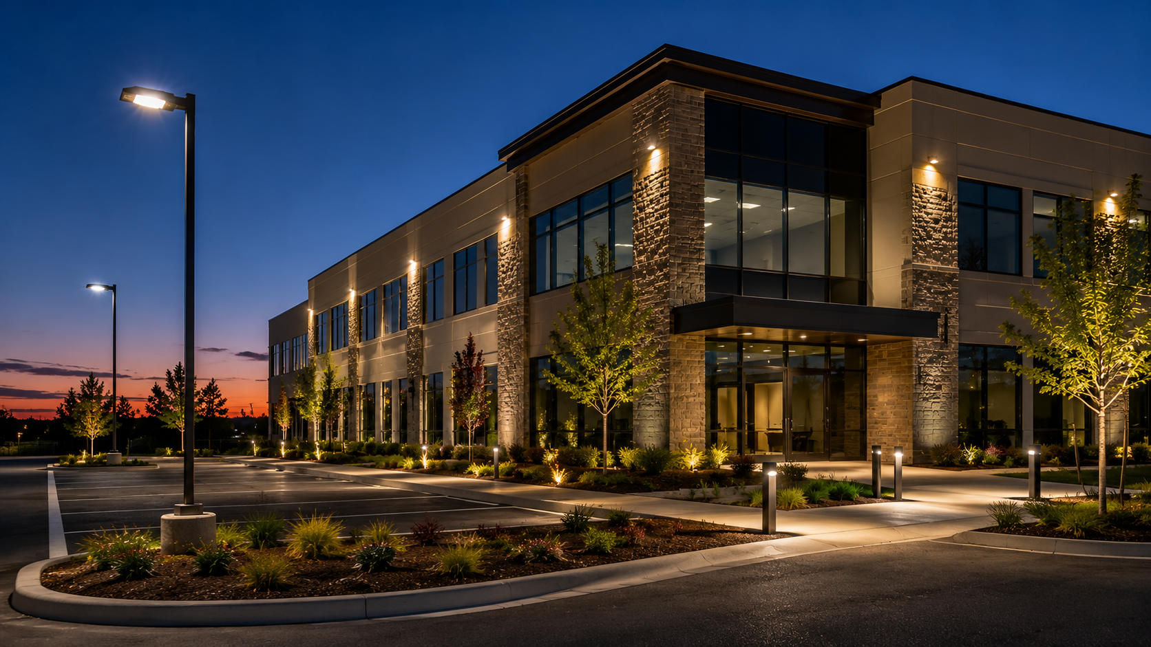 Commercial building exterior illuminated with LED area lights, bollards, landscape lighting, and architectural wall lighting at dusk.