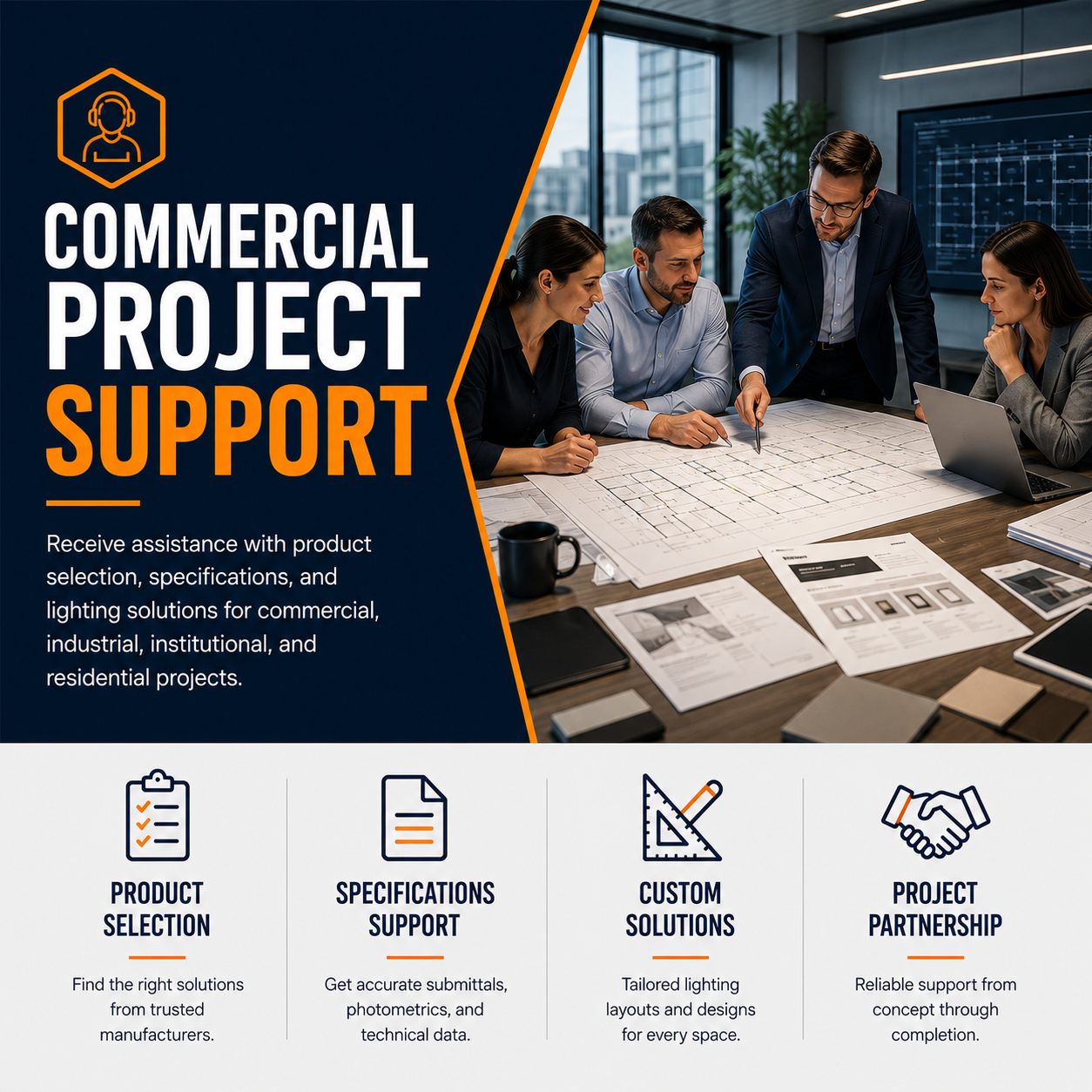 Commercial lighting project support including product selection, lighting layouts, specifications, and project planning assistance for commercial facilities.