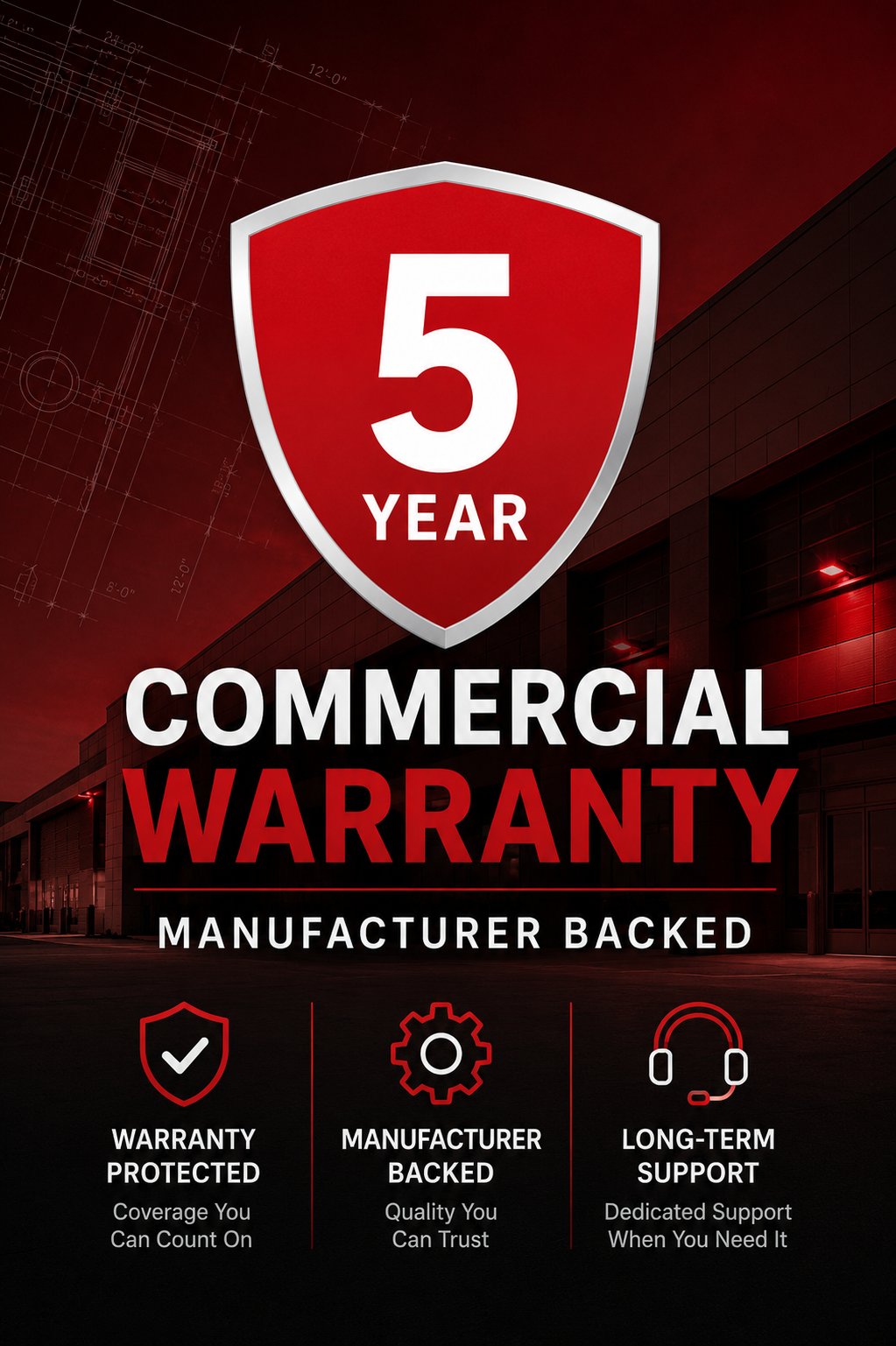 Commercial lighting warranty protection graphic representing manufacturer-backed coverage, long-term product support, and warranty protection for commercial and industrial lighting systems.