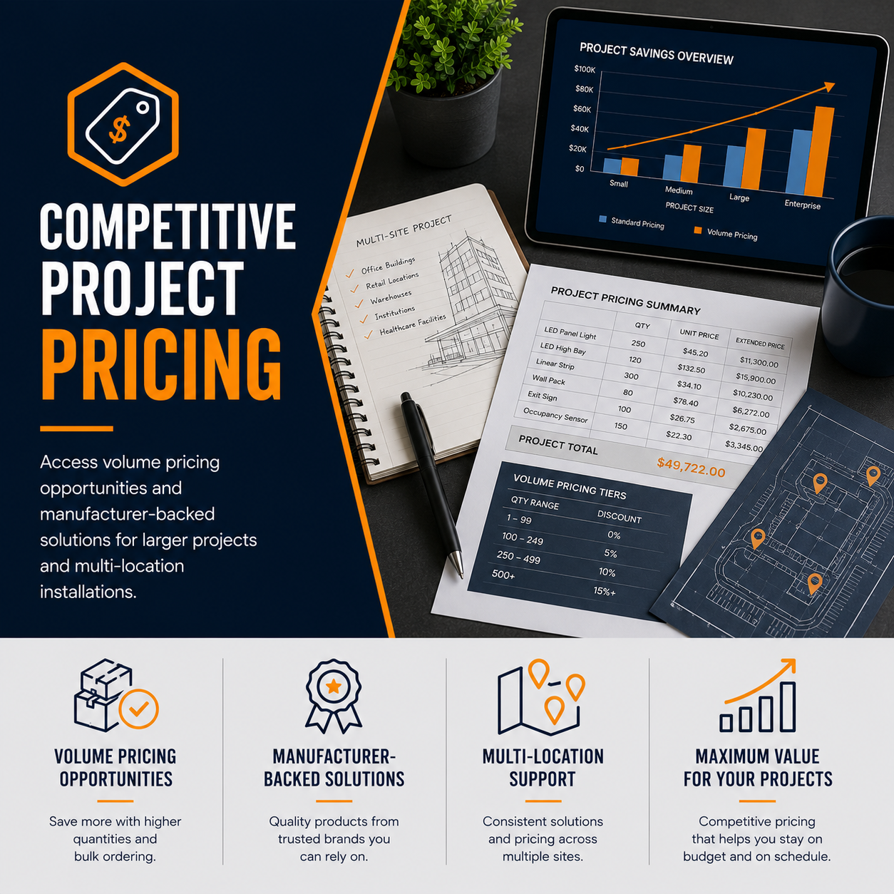 Commercial lighting project pricing support with volume pricing opportunities, multi-location project planning, and manufacturer-backed lighting solutions.