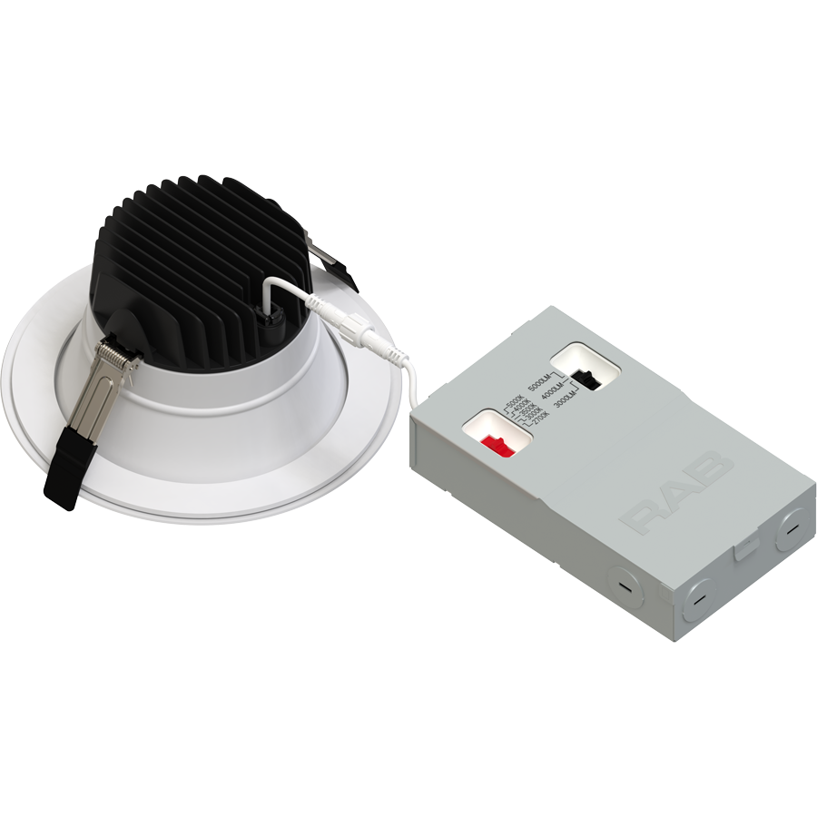 RAB CRX6 CRX 6-Inch Round Recessed Downlight – Selectable 30W/40W/50W – 5-CCT Selectable – CRI90 – TRIAC + 0-10V Dimming – White Finish – 120-277V – 3000-5000 Lumens