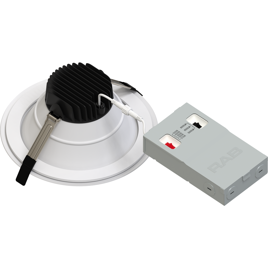 RAB CRX8/D10 CRX 8-Inch Round Recessed Downlight – Selectable 50W/65W/80W – 5-CCT Selectable – CRI90 – 0-10V Dimming – White Finish – 120-277V – 5000-6000 Lumens