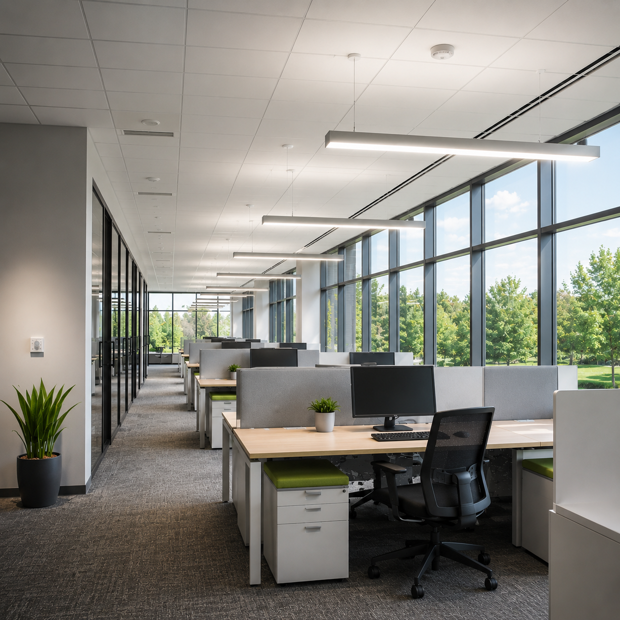 Daylight harvesting sensor controlling LED lighting in a commercial office with large windows, automatically adjusting light levels based on available natural daylight.