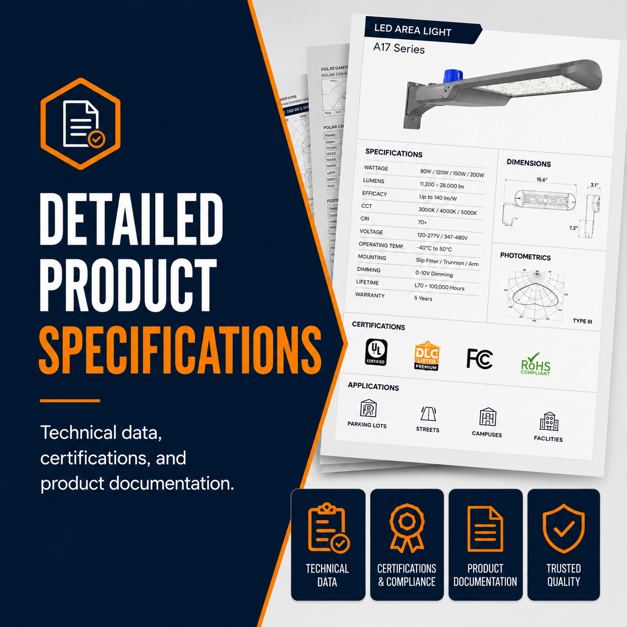 Technical specifications, certifications, dimensions, and documentation for commercial lighting products.