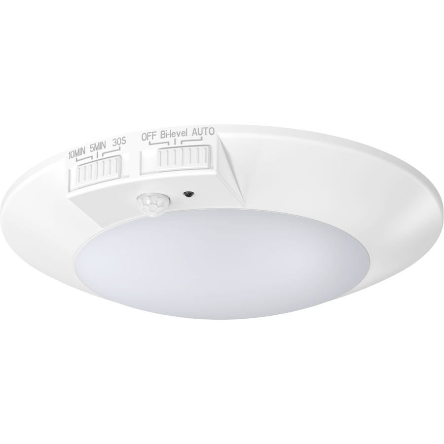RAB DISK-4/PIR LED Disk Light – 4" Round – 8W – Selectable 2700K/3000K/3500K/4000K/5000K – 700 Lumens – 120V – PIR Occupancy Sensor – 90 CRI – White Finish