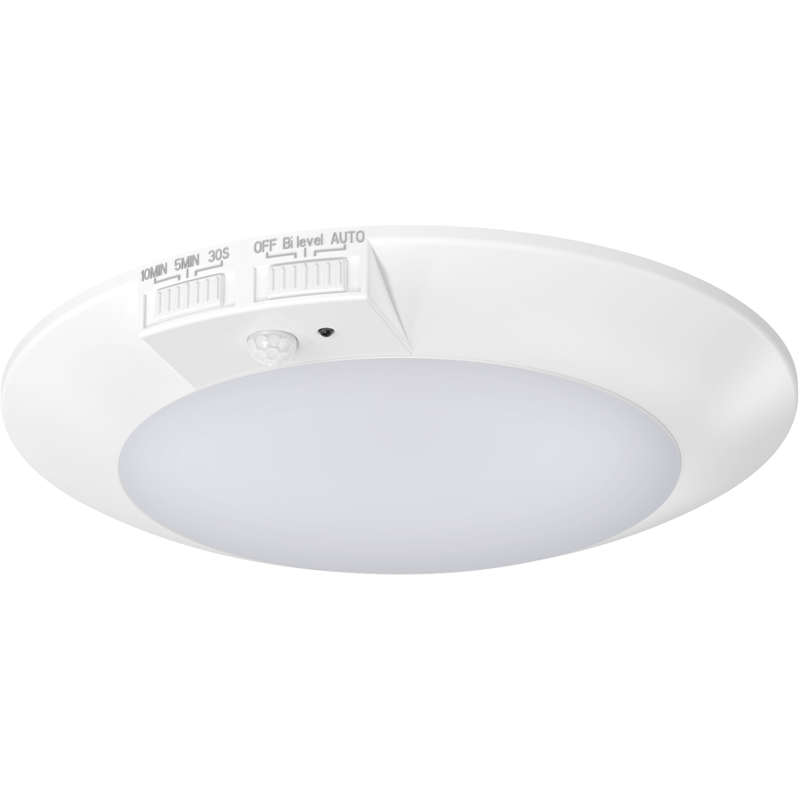 RAB DISK-6/PIR LED Disk Light – 6" Round – 12W – Selectable 2700K/3000K/3500K/4000K/5000K – 1050 Lumens – 120V – PIR Occupancy Sensor – 90 CRI – White Finish