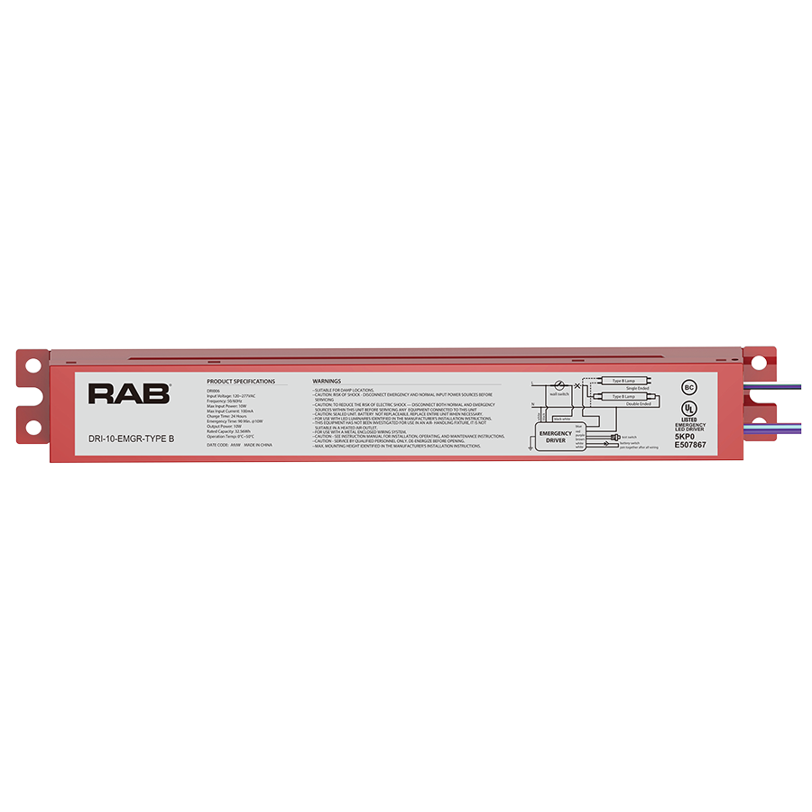 RAB DRI-10-EMGR-TYPE B Emergency Driver for LED T8 Bypass Tubes – 10W – 120-277V AC – Double Ended or Single Ended