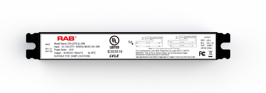 RAB DRI-24T8-2L-DIM Type C T8 LED Tube Driver – 2ft – 18W – Supports 1-2 Lamps – Dimmable – 120-277V