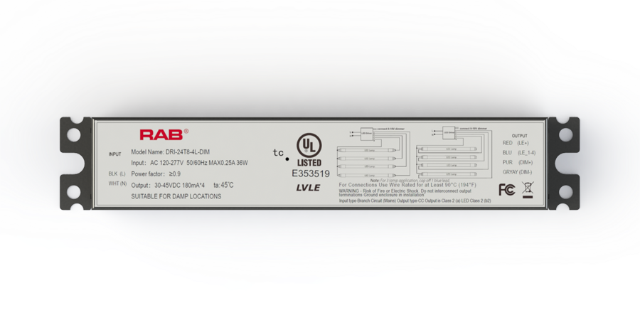 RAB DRI-36/48T8-4L-DIM Type C T8 LED Tube Driver – 4ft – 52W – Supports 2-4 Lamps – Dimmable – 120-277V