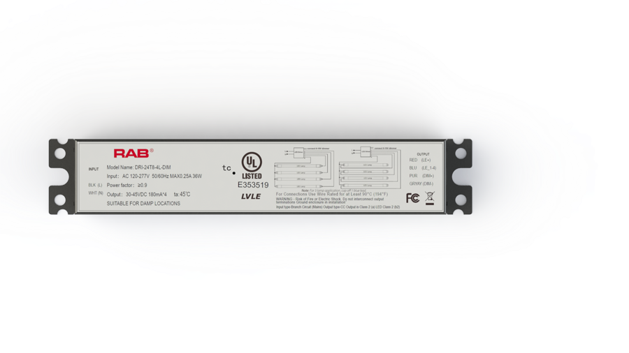RAB DRI-24T8-4L-DIM Type C T8 LED Tube Driver – 2ft – Supports Up to 4 Lamps – Dimmable – 120-277V