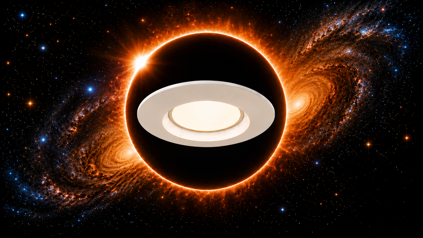 ECLIPSE LED retrofit downlight with integrated amber nightlight centered against a solar eclipse and galaxy background, illustrating transition from standard illumination to nighttime ambient lighting.