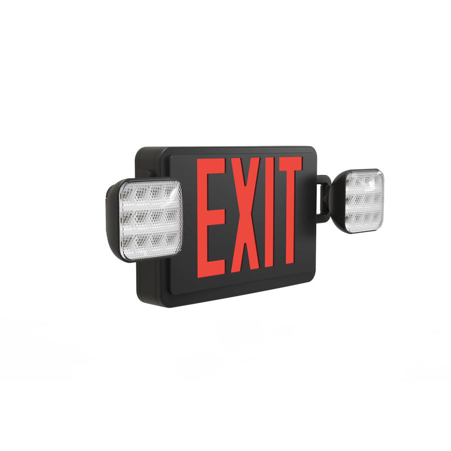 RAB ECOMBO-B Exit Sign Combo – Universal Face – Dual Head Emergency Light – Red Letters – Black Housing – 120-277V – 184 Lumens