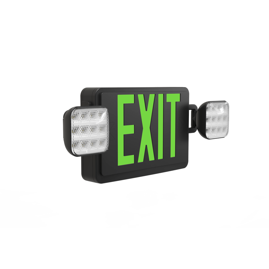 RAB ECOMBO-R-B Exit Sign Combo – Universal Face – Dual Head Emergency Light – Red Letters – Black Housing – Remote Capacity – 120-277V – 185 Lumens
