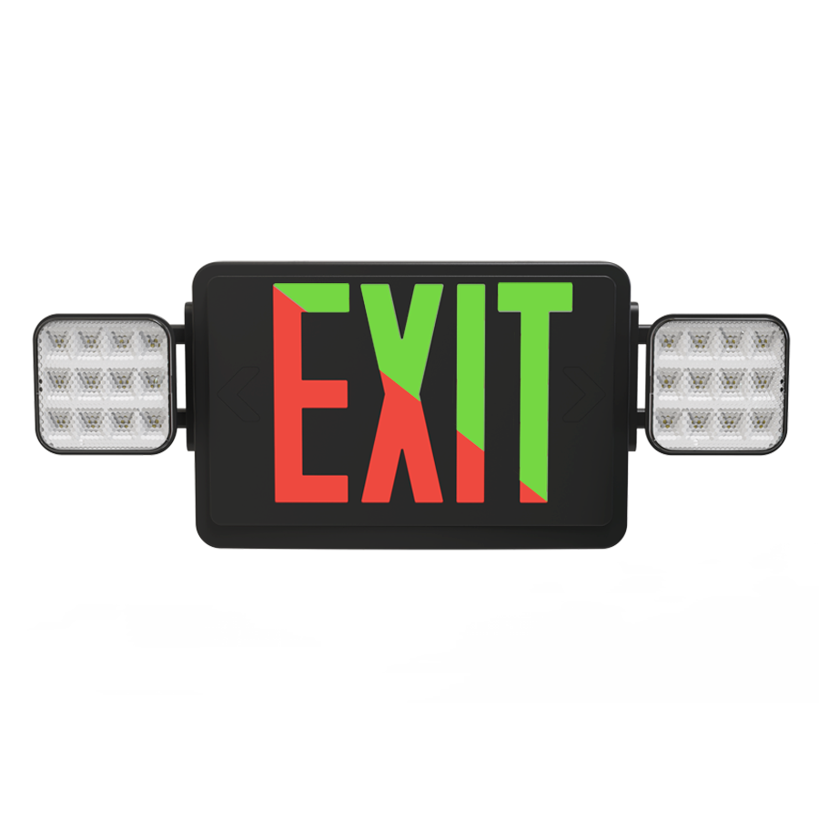 RAB ECOMBO-R-B Exit Sign Combo – Universal Face – Dual Head Emergency Light – Red Letters – Black Housing – Remote Capacity – 120-277V – 185 Lumens