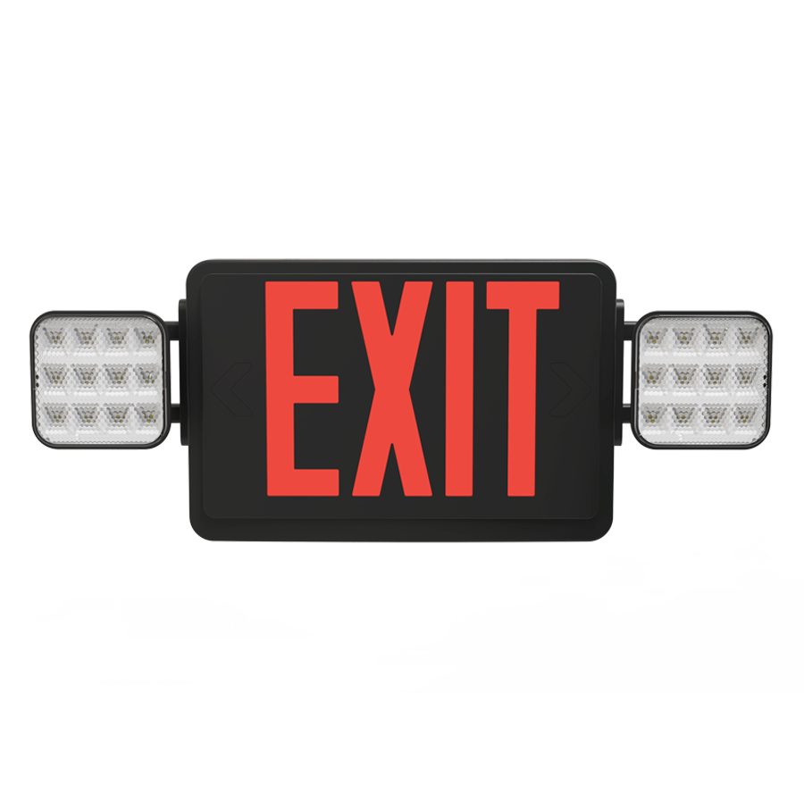 RAB ECOMBO-R-B Exit Sign Combo – Universal Face – Dual Head Emergency Light – Red Letters – Black Housing – Remote Capacity – 120-277V – 185 Lumens