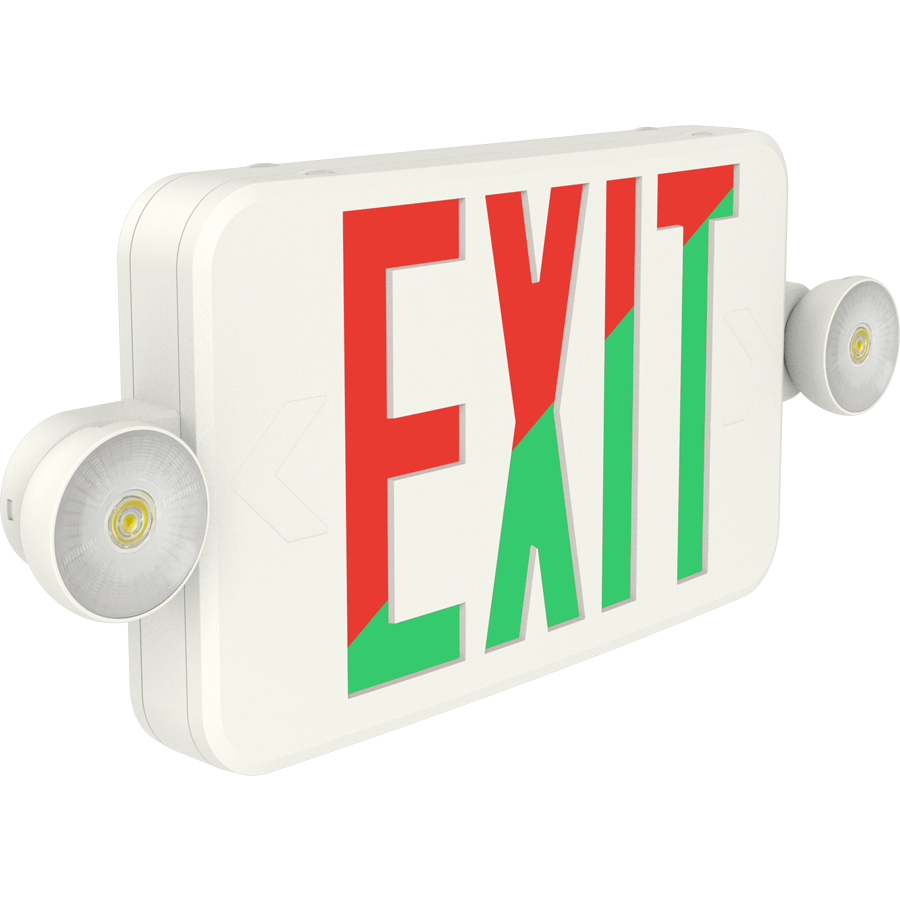 RAB ECOMBO34-RGR ECOMBO34 Exit Sign Combo – Universal Face – Dual Head Emergency Light – Red/Green Letters – White Housing – Remote Capacity – 120-277V – 160 Lumens