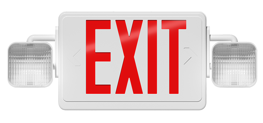 RAB ECOMBO-RS Exit Sign Combo – Universal Face – Dual Head Emergency Light – Red Letters – White Housing – Self-Test – Remote Capacity – 120-277V – 183 Lumens