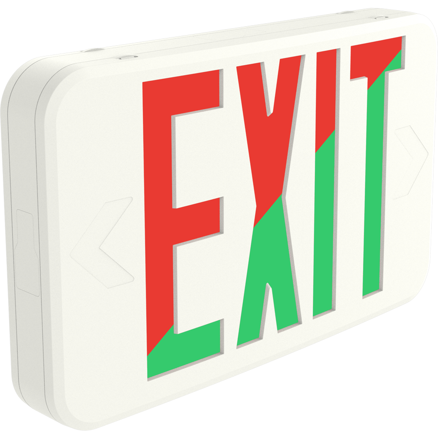 RAB EXIT34-RG/E Exit Sign – Universal Face – Red/Green Letters – White Housing – Battery Backup – 120-277V