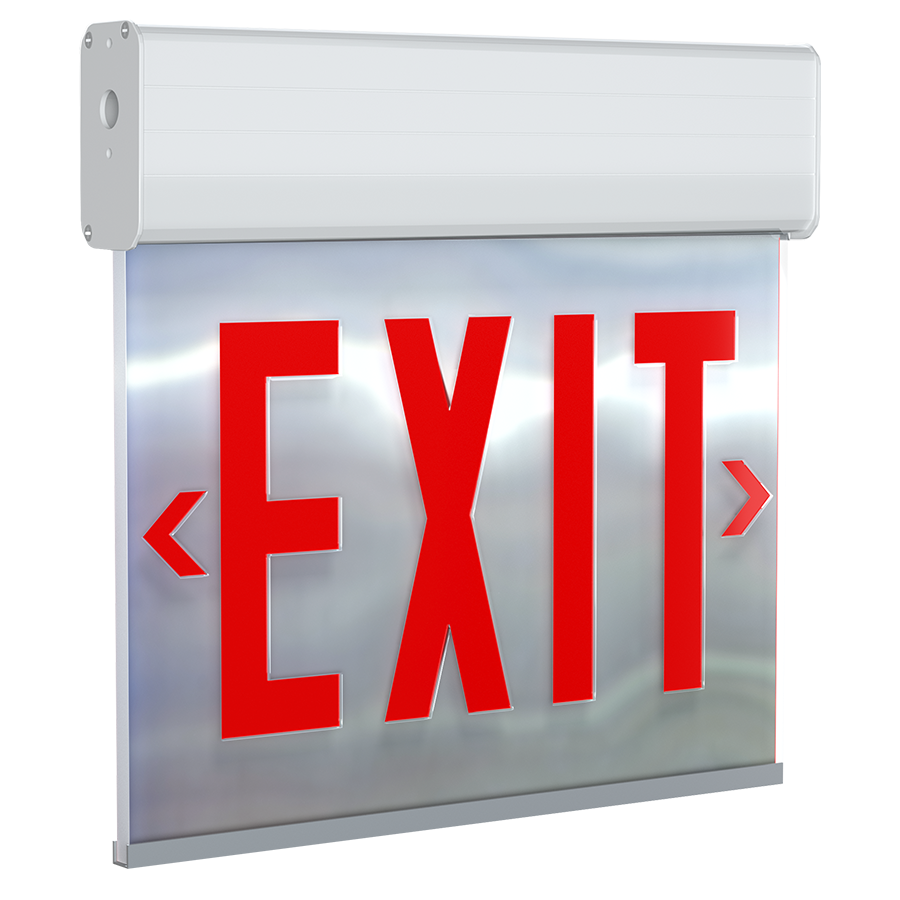 RAB EXITEDGE-MPW/E Edge-Lit Exit Sign – Dual Face – Red Letters – Mirror Panel – White Housing – Battery Backup – 120-277V