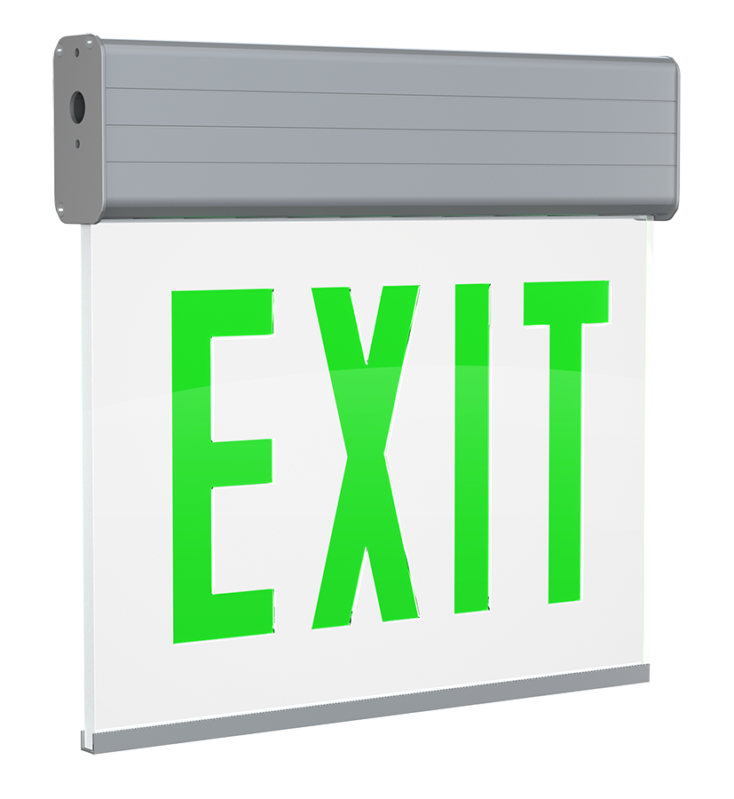 RAB EXITEDGE-1G/E Edge-Lit Exit Sign – Single Face – Green Letters – Clear Panel – Aluminum Housing – Battery Backup – 120-277V