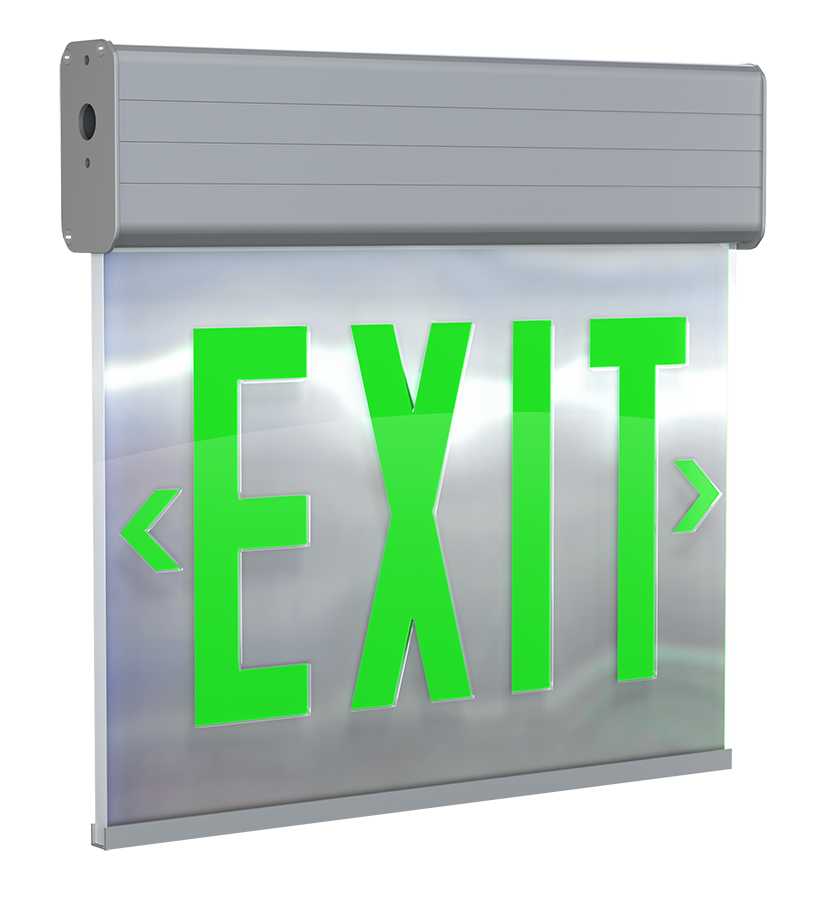 RAB EXITEDGE-GMP/E Edge-Lit Exit Sign – Dual Face – Green Letters – Mirror Panel – Aluminum Housing – Battery Backup – 120-277V