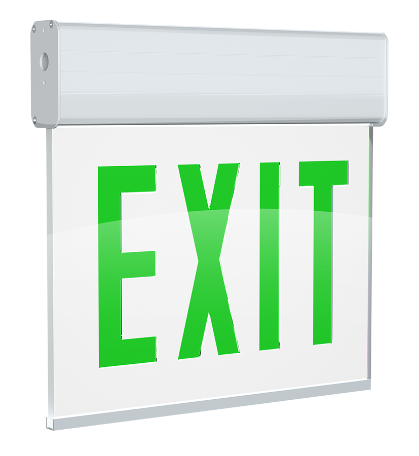 RAB EXITEDGE-1GW/E Edge-Lit Exit Sign – Single Face – Green Letters – Clear Panel – White Housing – Battery Backup – 120-277V