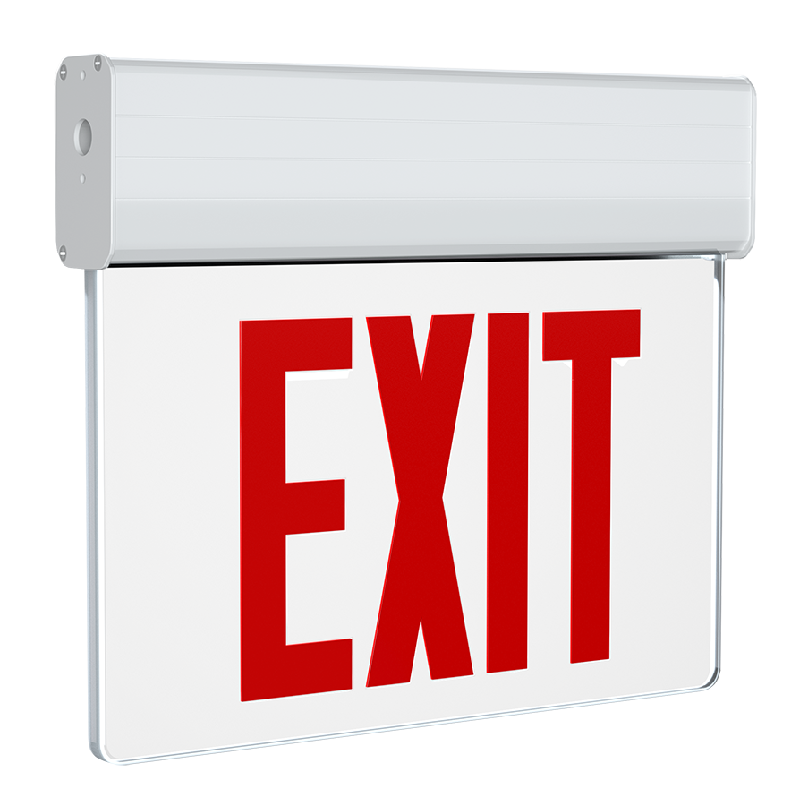 RAB EXITEDGE-1W/E Edge-Lit Exit Sign – Single Face – Red Letters – Clear Panel – White Housing – Battery Backup – 120-277V