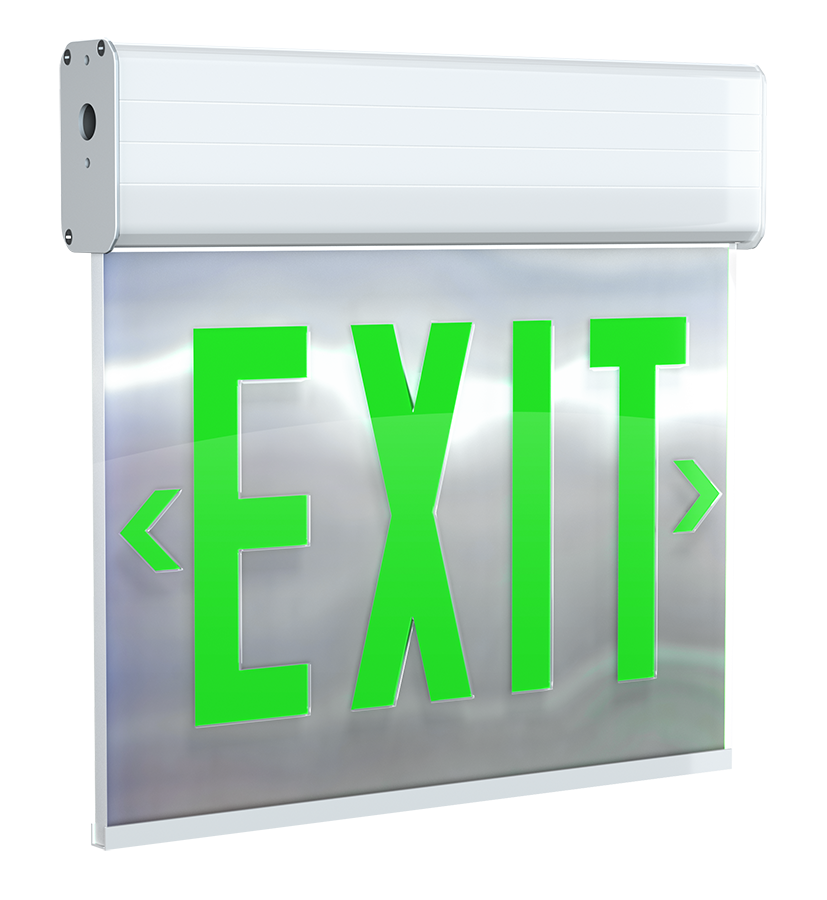 RAB EXITEDGE-GMPW/E EXITEDGE Edge-Lit Exit Sign – Dual Face – Green Letters – Mirror Panel – White Housing – Battery Backup – 120-277V