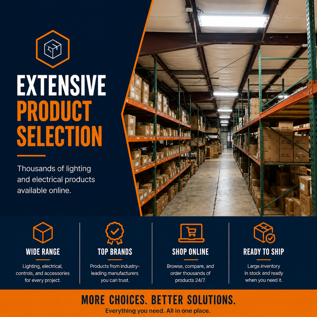 Warehouse inventory showing a large selection of commercial lighting and electrical products available online.