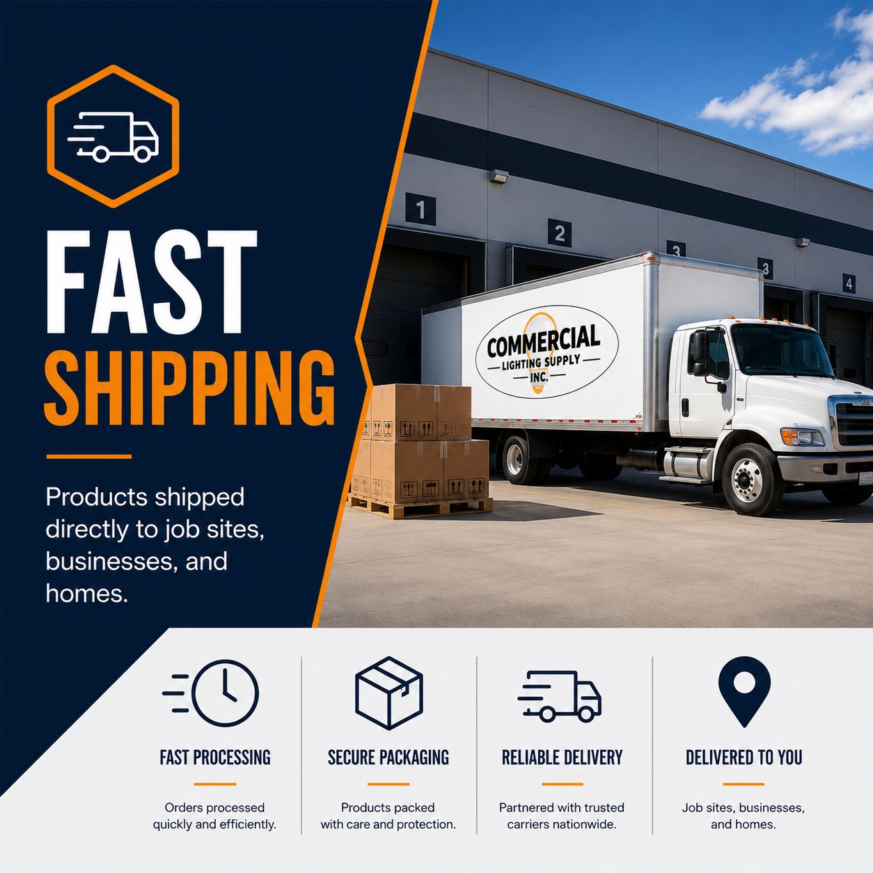 Commercial lighting products shipped directly to businesses, job sites, contractors, and homeowners.